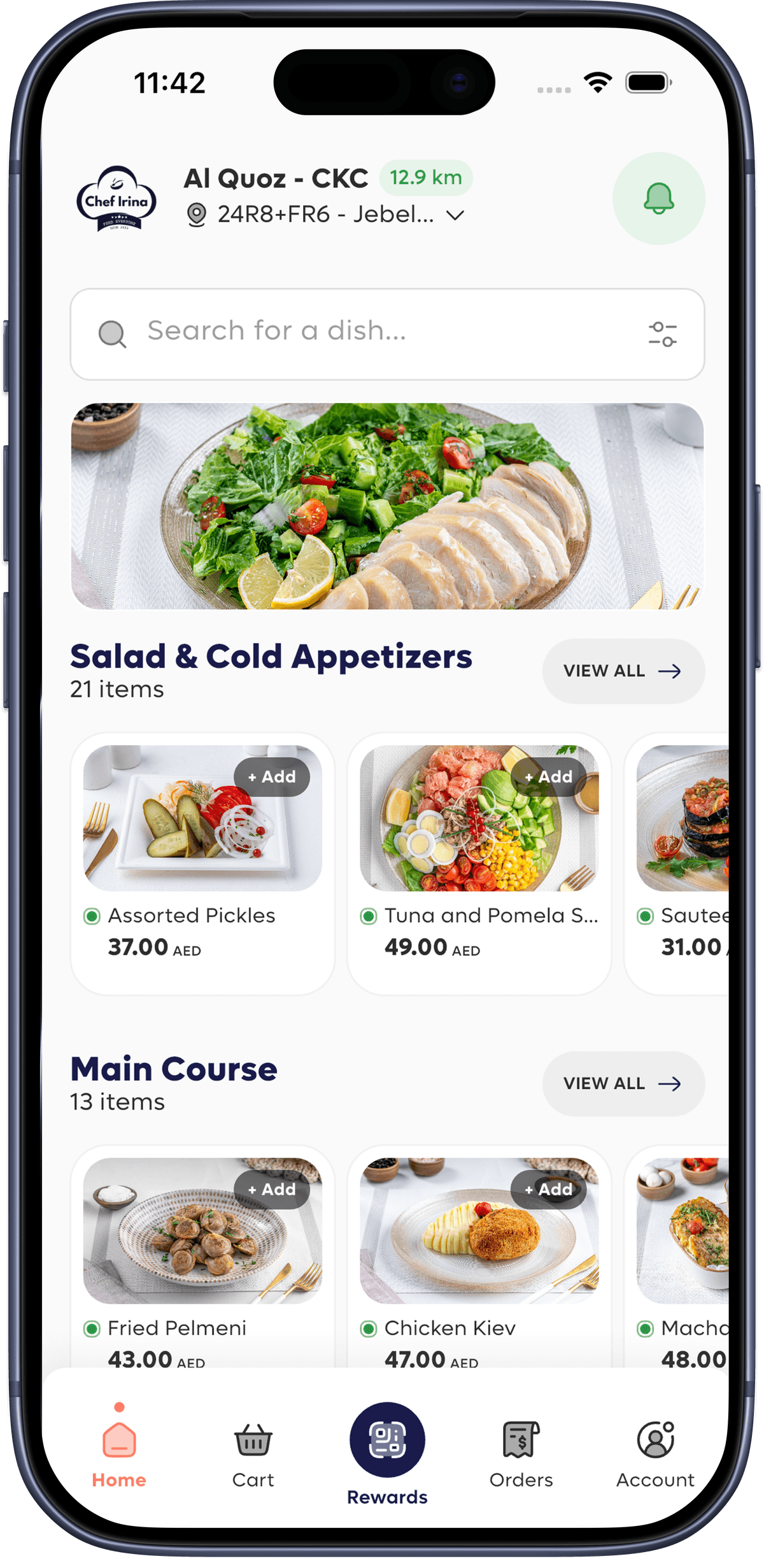 Chef Irina food ordering app on iPhone — browse the UAE menu
